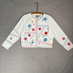 Michael Simon Lite Cardigan Women's Size L Embroidered Floral Sweater White Boho